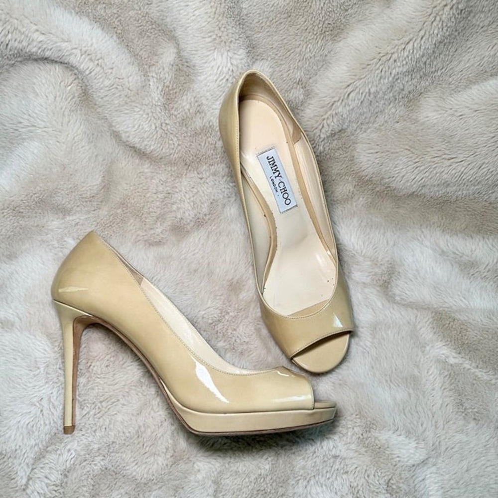 Jimmy Choo Luna 100 Peep Toe Patent Beige Pump Heel 40.5 Excellent
